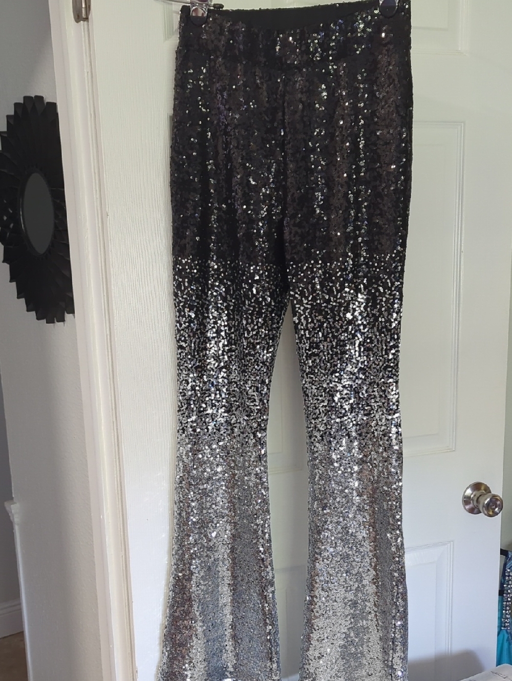 Sequin Ombre Flare High waisted Stretch Waist Pants - Black to Silver Medium